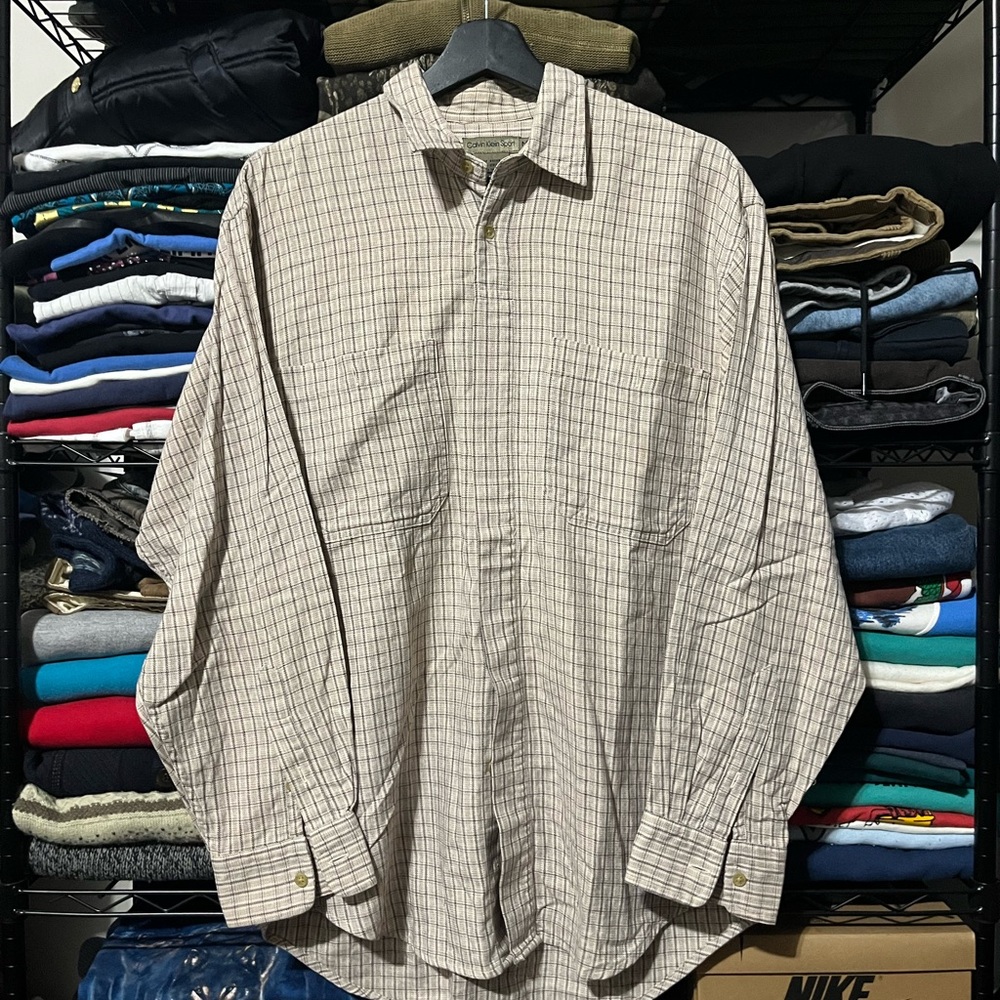 Calvin Klein Men's Beige Plaid Button Down Shirt